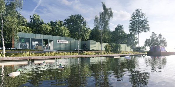 Container office for Scottish Canals in front of river at Falkirk Wheel